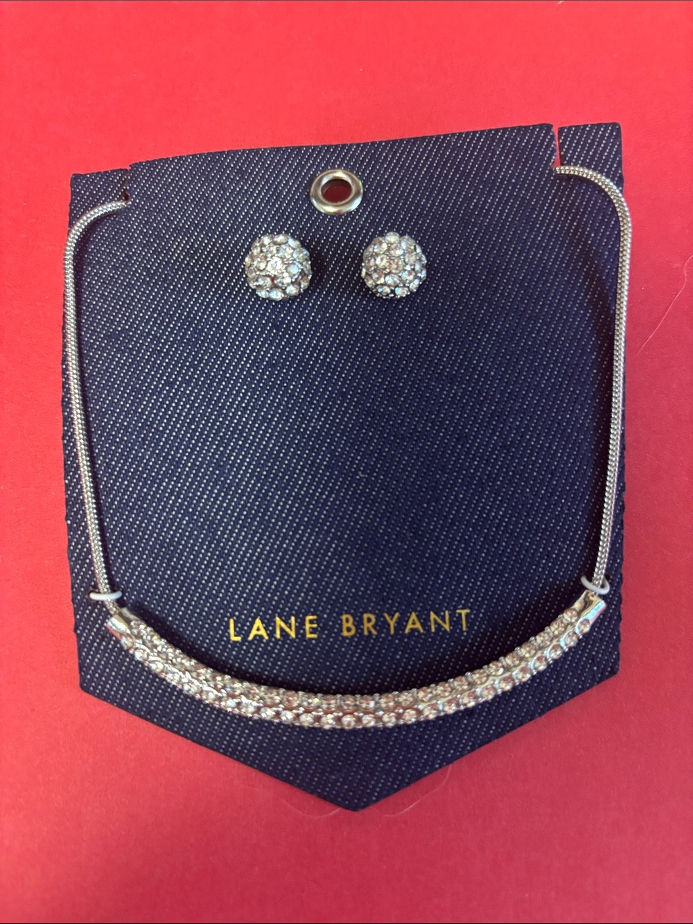 Lane Bryant Silver-Tone Crystal Bar Necklace with Matching Crystal Studs